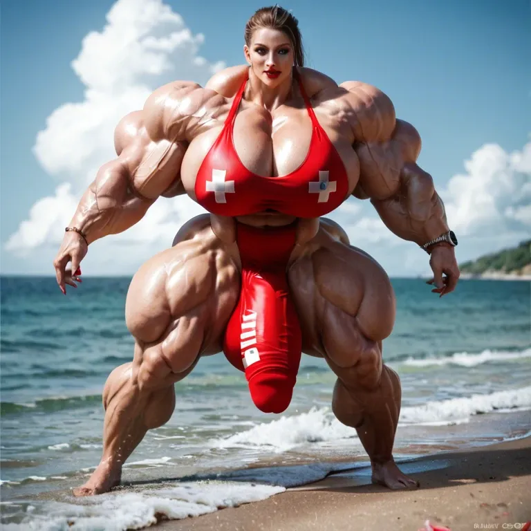 Scarlett wish, hyper massive muscles female, massive muscles buffet, hyper gigantic muscles mass, hyper gigant muscles body hyper giant muscles, pectorales, pecs, LIFEGUARD, bigger Futanari Cock bulge, beach