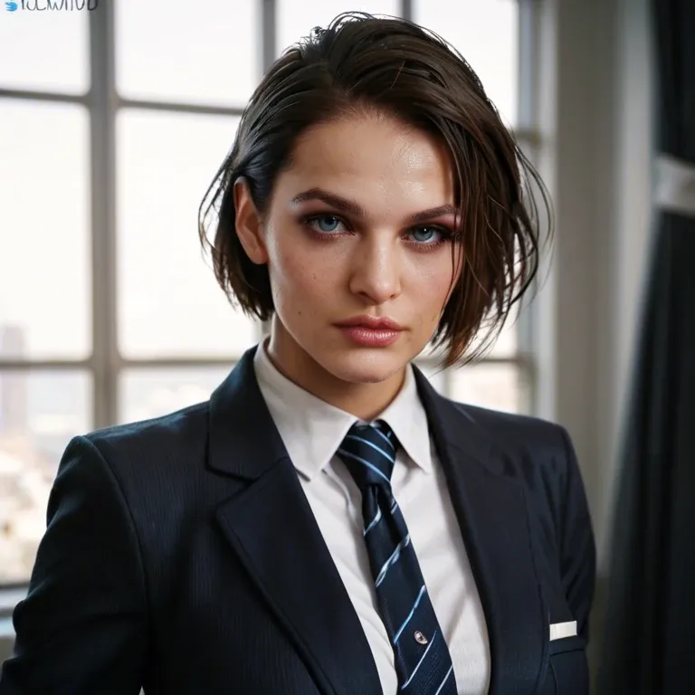 jill valentine in a suit and tie, wellmade, makeup, nice hair