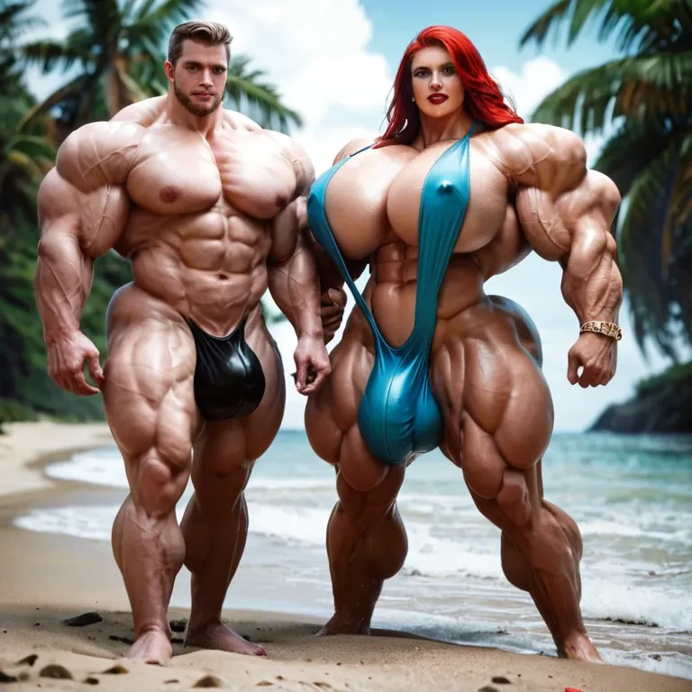 Scarlett wish, hyper massive muscles female, massive muscles buffet, hyper gigantic muscles mass, hyper gigant muscles body hyper giant muscles, pectorales, pecs, sling bikini, bigger Futanari Cock bulge, beach