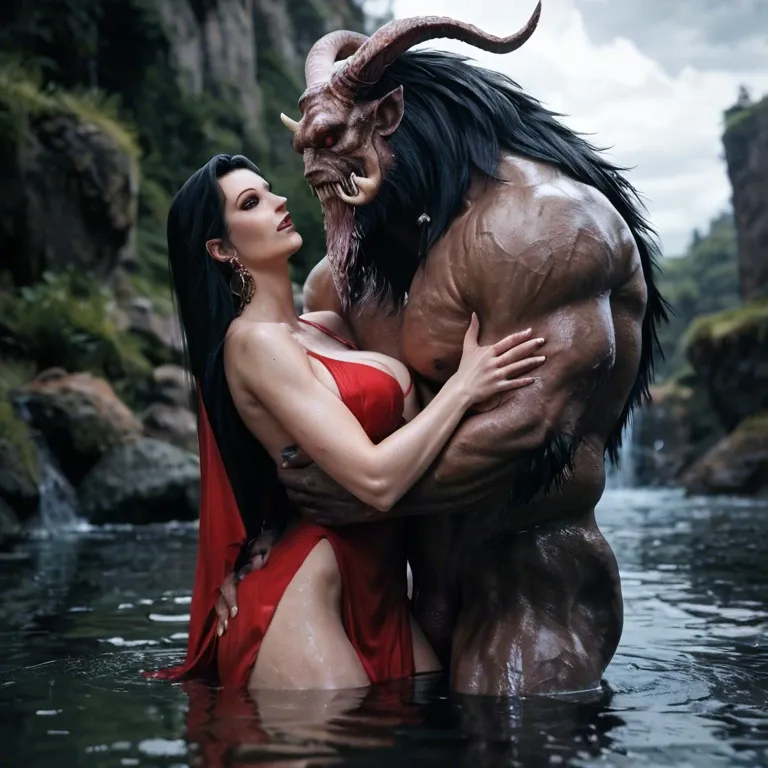 Exotic dark location, beautiful fair skinned female, barely clothes, carrying the severed heads of her lovers, alive they talk,water from falls covers her, she is erotic and enthralled, there are beasts in the darkness around her, their eyes glow, hyper realistic, photorealistic, style of abstract