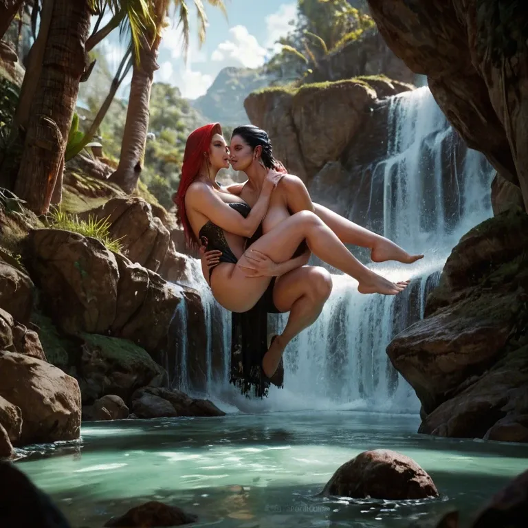 Exotic dark location, beautiful fair skinned female, barely clothes, carrying the severed heads of her lovers, alive they talk,water from falls covers her, she is erotic and enthralled, there are beasts in the darkness around her, their eyes glow, hyper realistic, photorealistic, style of abstract