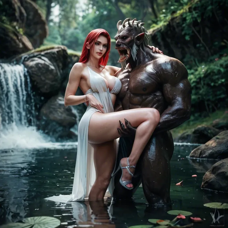 Exotic dark location, beautiful fair skinned female, barely clothes, carrying the severed heads of her lovers, alive they talk,water from falls covers her, she is erotic and enthralled, there are beasts in the darkness around her, their eyes glow, hyper realistic, photorealistic, style of abstract