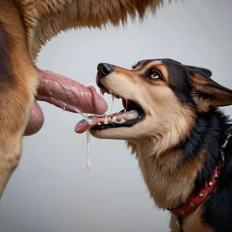 Feral canine, female canine, balls, cum, penis in mouth, canine mouth, tongue out, tail wagging,