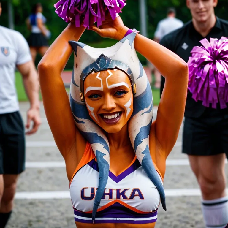 ahsoka tano cheerleader, fully clothed, college, school spirit, vibrant colors, happy, energetic personality