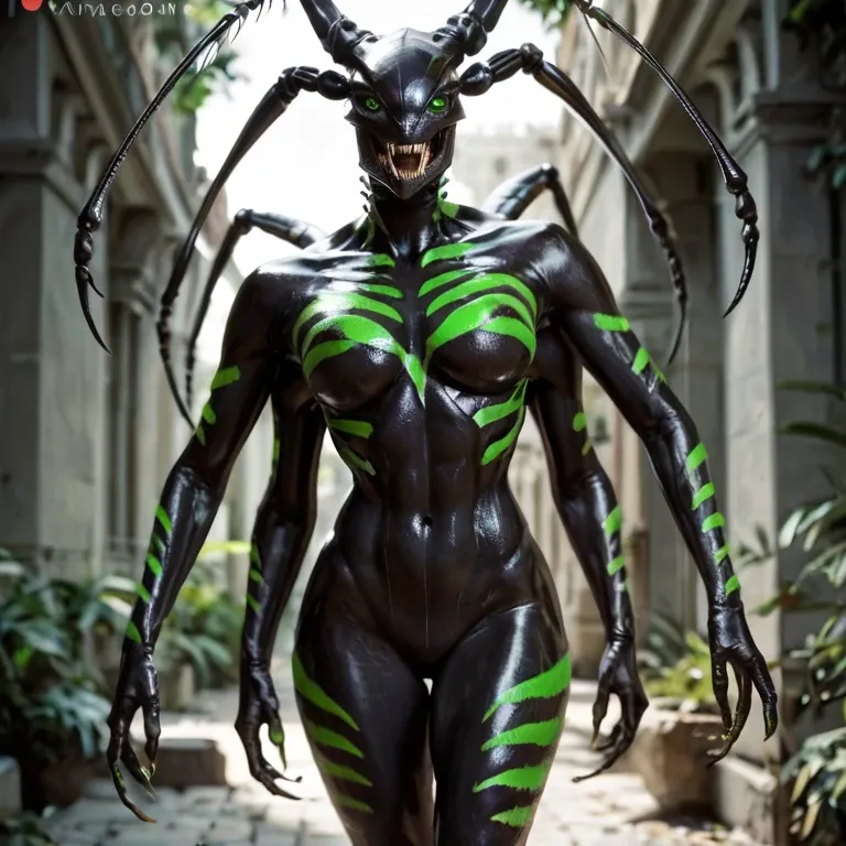 four arms, ((multiple arms)),  (female  mantis spider:2), shiny black skin, nude obsidan black body, green stripes on body, ((spider eyes:2)), sharp fangs, standing, looking at viewer, full body visible, ultra long legs, ultra thin legs and arms, long claws, glowing green eyes, spider webs on body