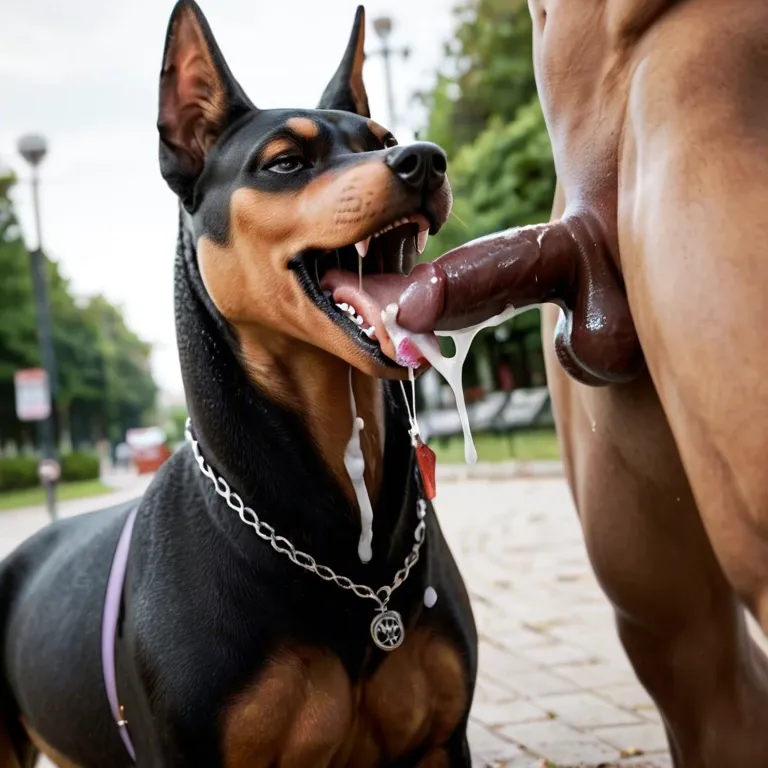 Feral doberman, Feral canine, female canine, balls, cum, penis in mouth, canine mouth, tongue out, canine tail, public park, cumshot, saliva drip,