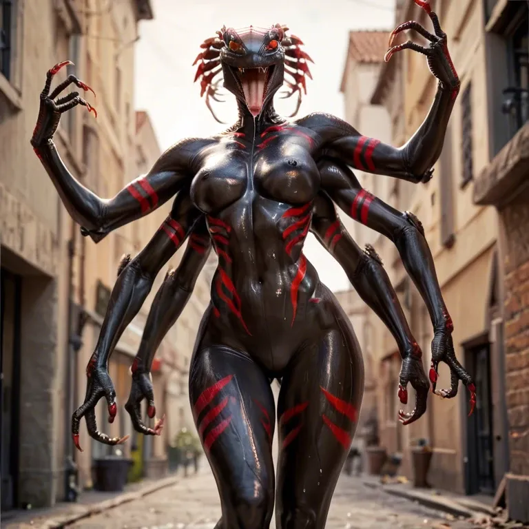 four arms, ((multiple arms)),  (female anthro spider:2),  shiny black skin, nude obsidan black body, red stripes on body, fangs, open mouth,  mantis head, drooling, standing, ultra long legs, ultra thin legs and arms, long claws, glowing red eyes, dim lightening, not much light, night time, standing in forest at night