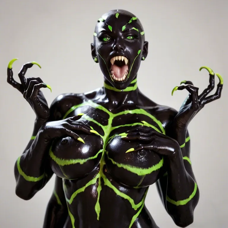 four arms, ((multiple arms)),  (female  spider:2), shiny black skin, nude obsidan black body, green stripes on body, ((spider eyes:2)), rooling, open mouth, sharp fangs, standing, looking at viewer, ultra long legs, ultra thin legs and arms, long claws, glowing green eyes, spider webs on body