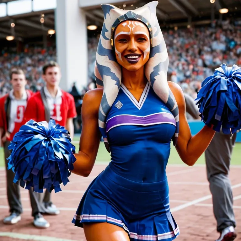 ahsoka tano cheerleader, fully clothed, college, school spirit, vibrant colors, happy, energetic personality