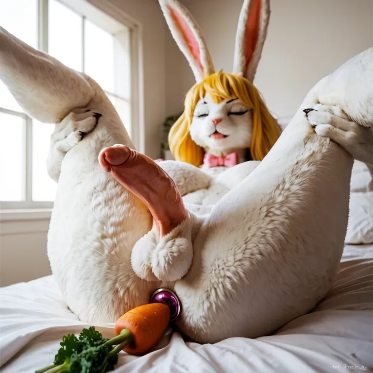 Carrot one piece , bunny , furry , white fur, yellow hair,futa, , ,bed,,,from below,taker pov,legs up, , eyes closed,anal plug,cute, kiss own penis