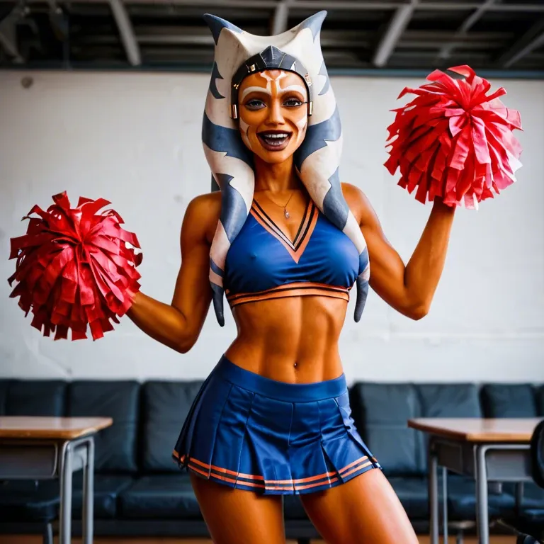 ahsoka tano cheerleader, fully clothed, college, school spirit, vibrant colors, happy, energetic personality, hot