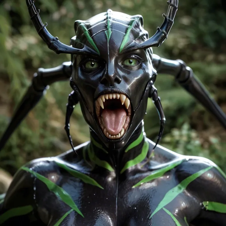 four arms, ((multiple arms)),  (female  mantis spider:2), shiny black skin, nude obsidan black body, green stripes on body, ((spider eyes:2)), rooling, open mouth, sharp fangs, standing, looking at viewer, ultra long legs, ultra thin legs and arms, long claws, glowing green eyes, spider webs on body