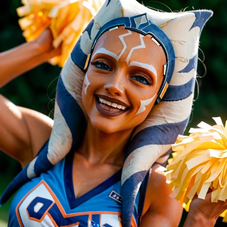 ahsoka tano cheerleader, fully clothed, college, school spirit, vibrant colors, happy, energetic personality