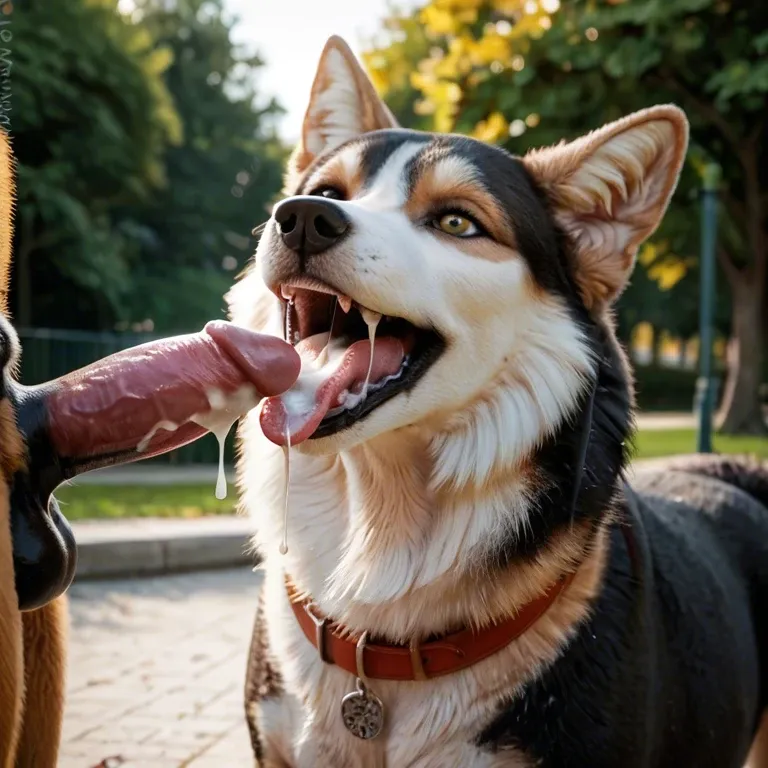 Feral Siberian husky, Feral canine, female canine, balls, cum, penis in mouth, canine mouth, tongue out, canine tail, public park, cumshot, drooling canine,