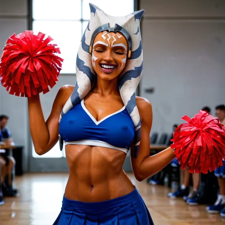 ahsoka tano cheerleader, fully clothed, college, school spirit, vibrant colors, happy, energetic personality, hot