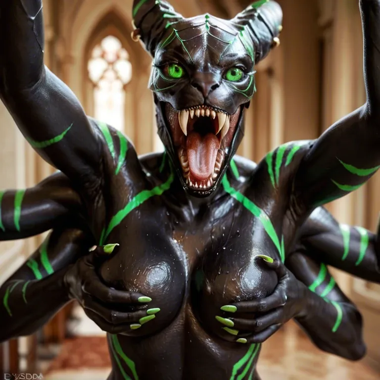 four arms, ((multiple arms)),  (female anthro spider:2), shiny black skin, nude obsidan black body, green stripes on body, ((spider eyes:2)), rooling, open mouth, sharp fangs, standing, looking at viewer, ultra long legs, ultra thin legs and arms, long claws, glowing green eyes, spider webs on body