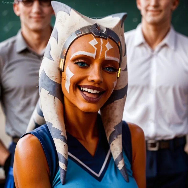 ahsoka tano cheerleader, fully clothed, college, school spirit, vibrant colors, happy, energetic personality, hot