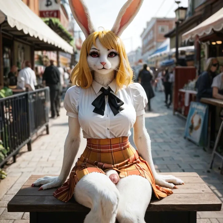 Carrot one piece , bunny , furry , white fur, yellow hair,futa, ,skirt,clothes,public,pov,sit on viewer