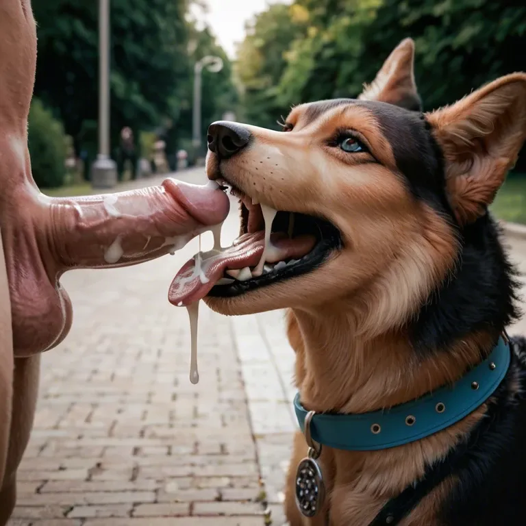 Feral canine, female canine, balls, cum, penis in mouth, canine mouth, tongue out, canine tail, public park,