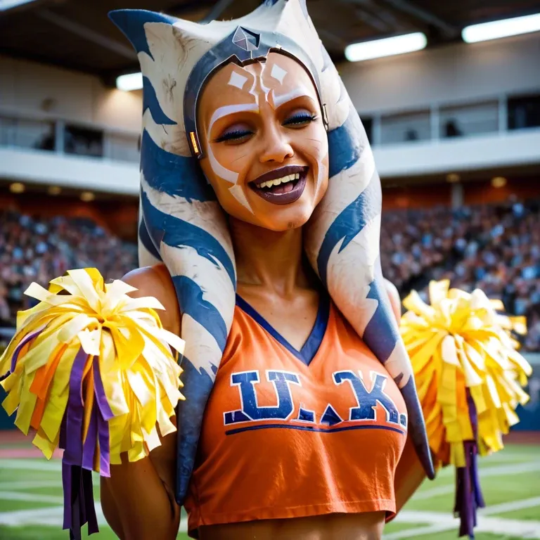 ahsoka tano cheerleader, fully clothed, college, school spirit, vibrant colors, happy, energetic personality