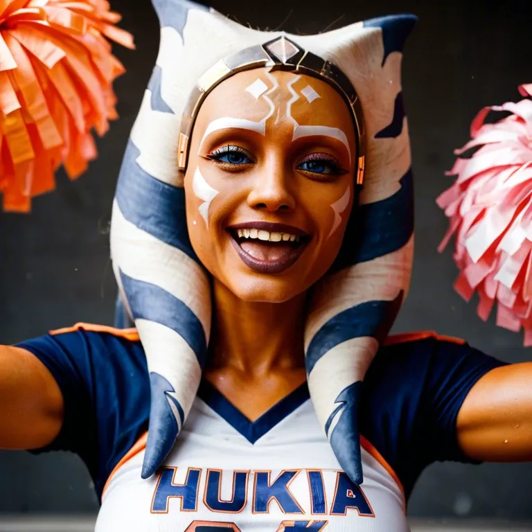 ahsoka tano cheerleader, fully clothed, college, school spirit, vibrant colors, happy, energetic personality, hot