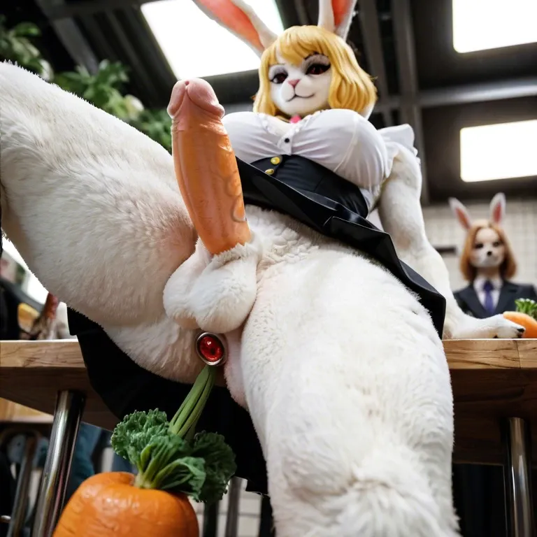 Carrot one piece , bunny , furry , white fur, yellow hair,futa,anal plug ,from below,skirt,clothes,public