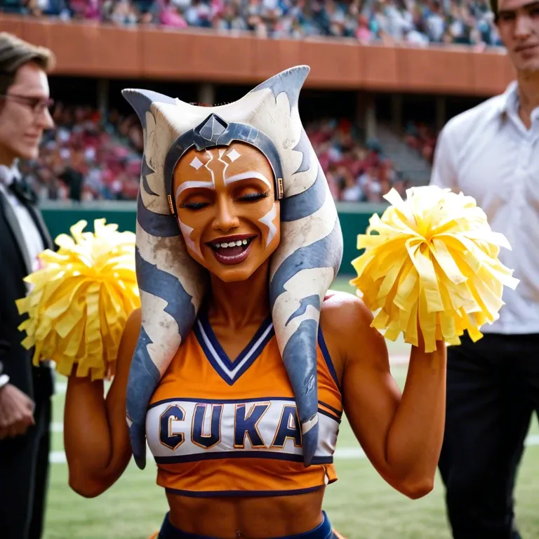 ahsoka tano cheerleader, fully clothed, college, school spirit, vibrant colors, happy, energetic personality