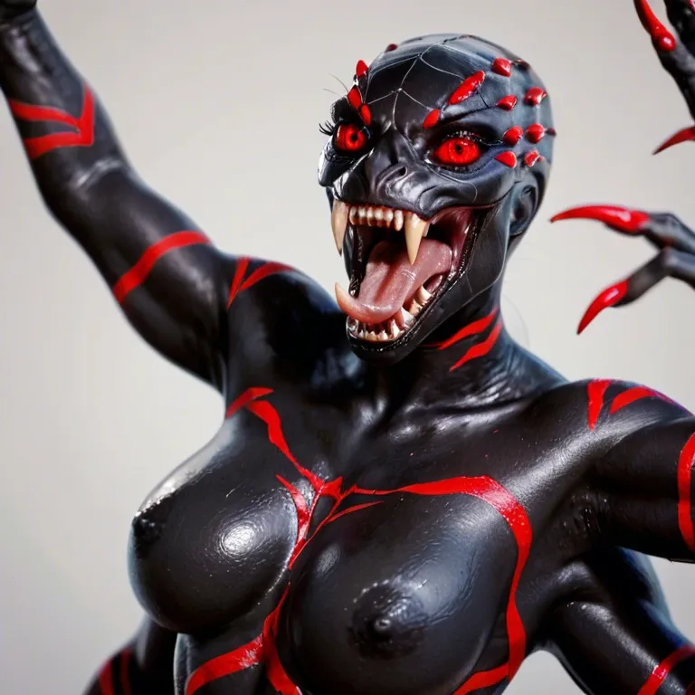 four arms, ((multiple arms)),  (female anthro spider:2), shiny black skin, nude obsidan black body, red stripes on body, ((spider eyes:2)), rooling, open mouth, sharp fangs, (licking penis)), looking at viewer, ultra long legs, ultra thin legs and arms, long claws, glowing red eyes, spider webs on body