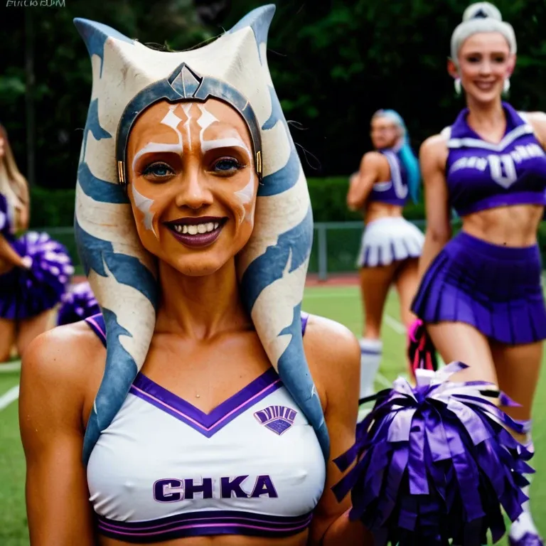 ahsoka tano cheerleader, fully clothed, college, school spirit, vibrant colors, happy, energetic personality