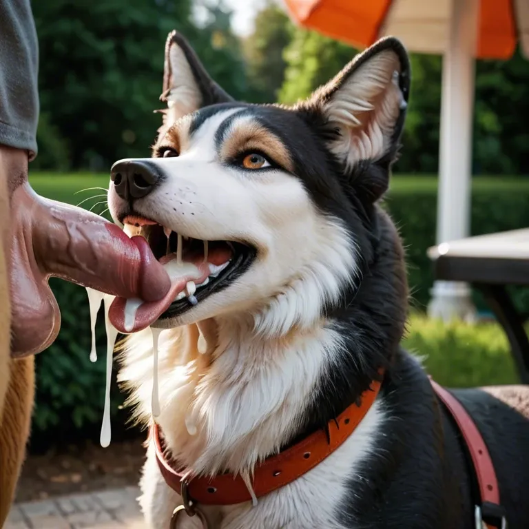 Feral Siberian husky, Feral canine, female canine, balls, cum, penis in mouth, canine mouth, tongue out, canine tail, public park, cumshot, cum on ears,