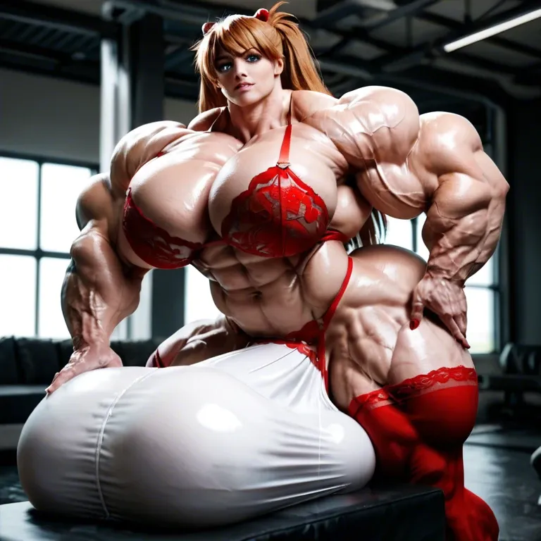 Asuka Langley Soryu, hyper massive muscles female, massive muscles buffet, hyper gigantic muscles mass, hyper gigant muscles body hyper giant muscles, pectorales, pecs, red lingerie stockings, bigger Futanari Cock bulge, pole dance