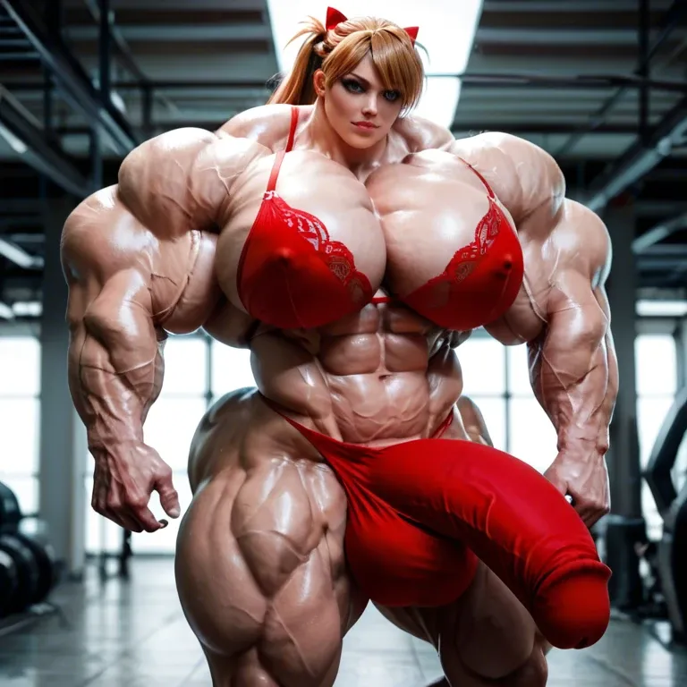 Asuka Langley Soryu, hyper massive muscles female, massive muscles buffet, hyper gigantic muscles mass, hyper gigant muscles body hyper giant muscles, pectorales, pecs, red lingerie stockings, bigger Futanari Cock bulge, pole dance