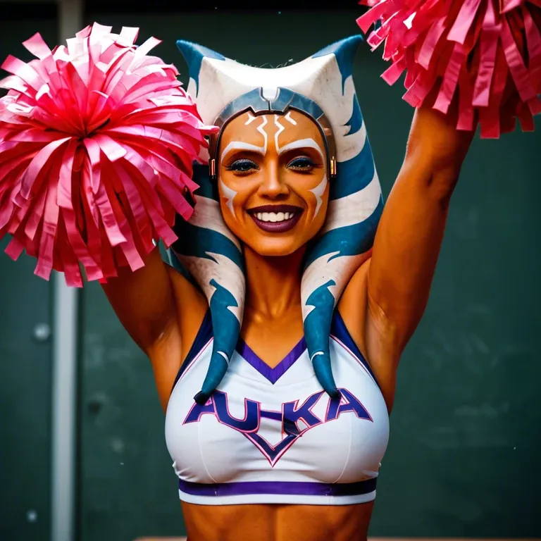 ahsoka tano cheerleader, fully clothed, college, school spirit, vibrant colors, happy, energetic personality