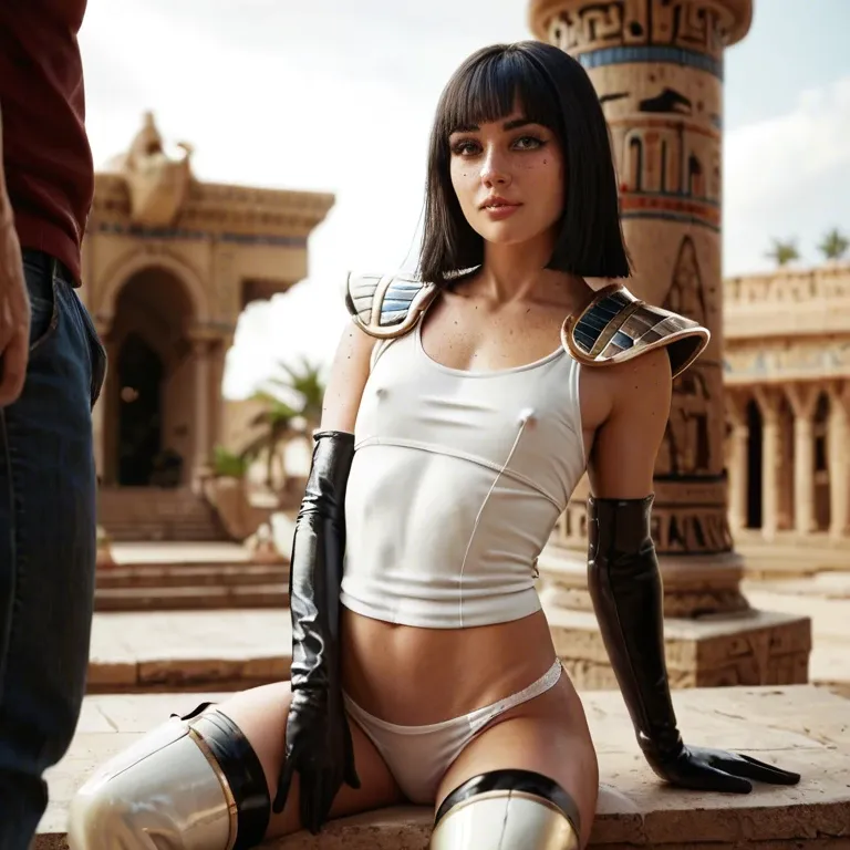 1girl,1boy, , , , freckled breast,legs in v,flat chest,breast milk,shoulder pads, tight tank top,baggy socks,latex gloves,cotton panties,thigh boots, sweater,egyptian palace,glasses,black bra,brown boots, wet shirt,fishnets,feet tied,bikini up,thigh boots, parking, cyberpunk, table, bondage, detailed skins, shadows, belle