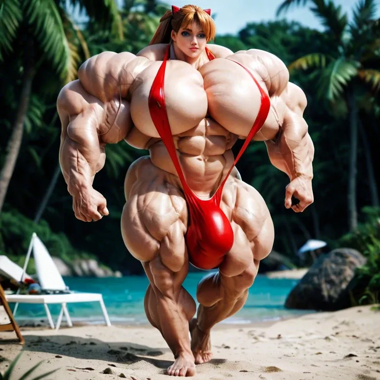 Asuka Langley Soryu, hyper massive muscles female, massive muscles buffet, hyper gigantic muscles mass, hyper gigant muscles body hyper giant muscles, pectorales, pecs, sling bikini, bigger Futanari Cock bulge, beach