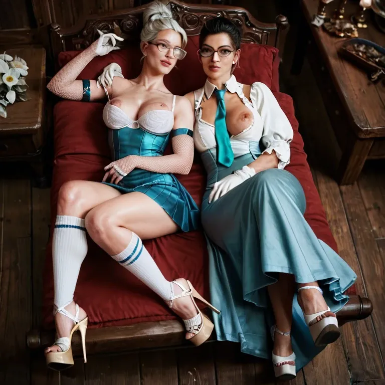 2girl, , , , chin,tiptoe,wide areolae,on back,aqua necktie, medieval dress,knee socks,white gloves,white bra,platform heels, micro skirt,fishnet gloves,glasses,white bra,knee boots, white tank top,laces,blue gloves,showing thong,sandals, palace bedroom, castle, dildos, high-detailed, dark hair, anna hair, rapunzel waifu