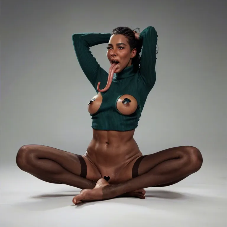 1girl,solo, , , , long tongue,thin ankles,nipple sticker,cozy background,dark skin, nose blush,arm over head,saggy boobs,grabbed,turtleneck, eye color green,leggings,nipples,grabbed hair,shoulder tattoo, floral dress,red thighhighs,belts,white panties,knee boots, bathroom, in the river, dungeon, spiked dildo, anime coloring, dark elf, princess zelda, waifu