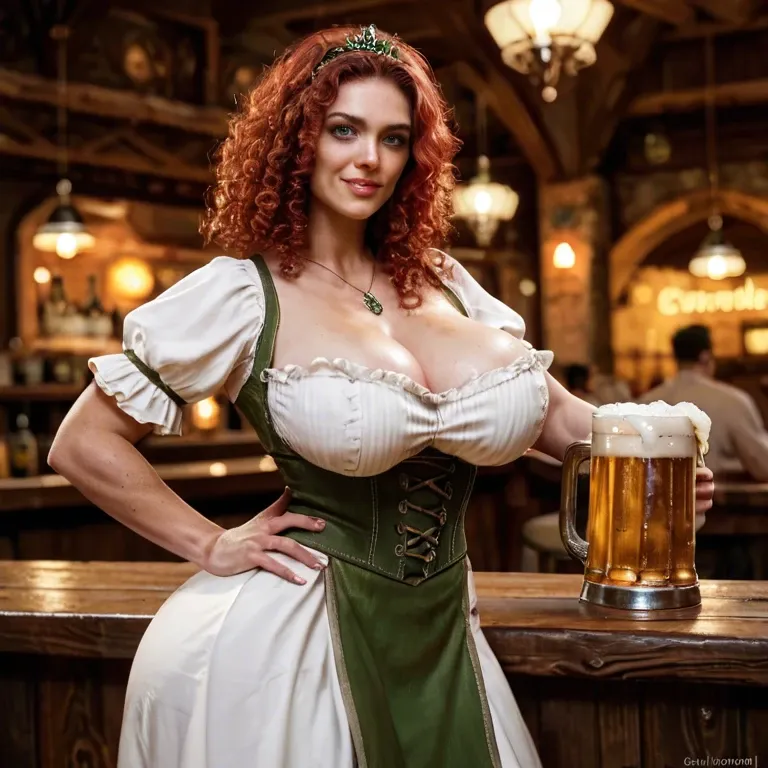 Red curly Hair, blue eyes, Massive tits massive butt, pub, Green bavarian dirndl, beer,