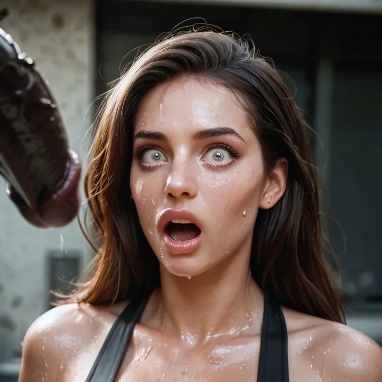 Adriana Chechik smacked full force in the face by a meaty wet black cock, motion shot, spit, sweat, impact, shock, surprise, wide eyed, detailed, hd, ultra realism, splatter