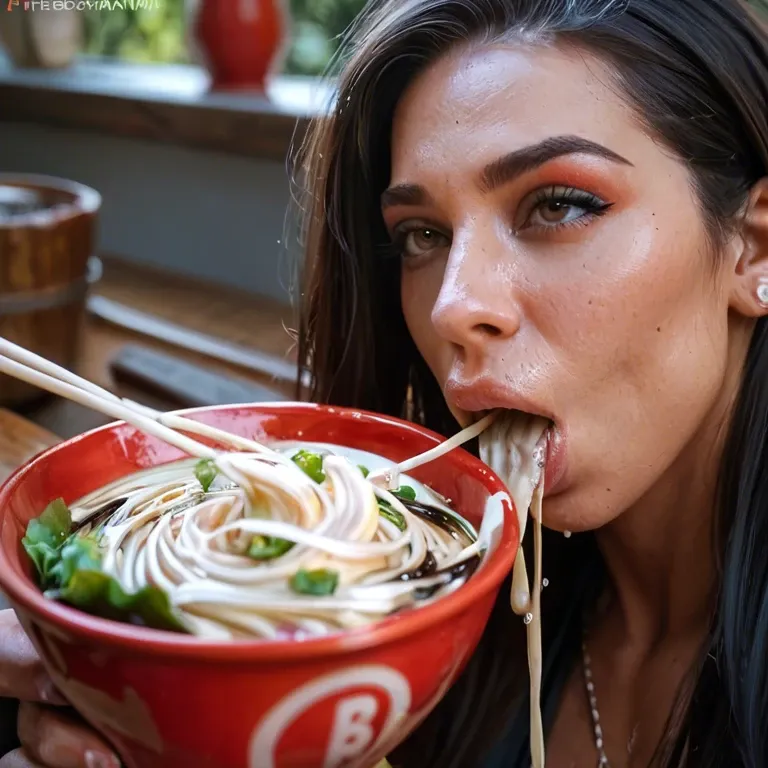 (Futanari Adriana Chechik ) eating noodles out of another futanari womans ass while stroking penis, detailed, hd, ultra realism, splatter