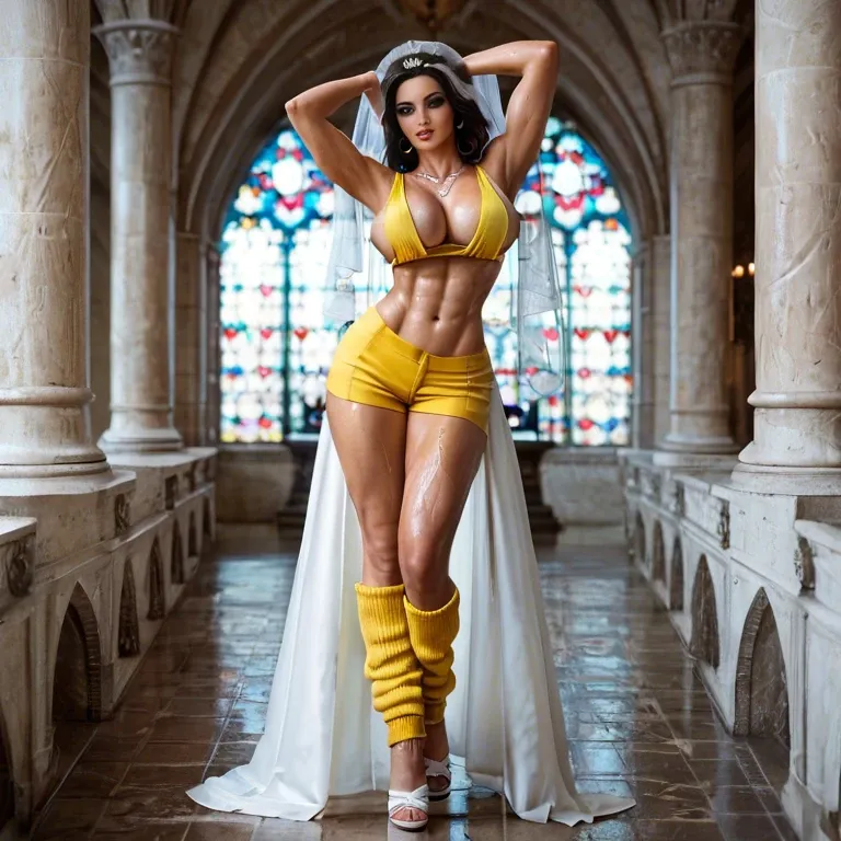 1girl,solo, , , , dark eyeshadow,arms up,large boob slip,broad and abs,heart necklace, open jacket,palace bedroom,bridal veil,pull wet bra,sandals, yellow tank top,leg warmers,maid hat,lace panties,running shoes, showering, mountain, medieval dress, phone pov, zelda, rei