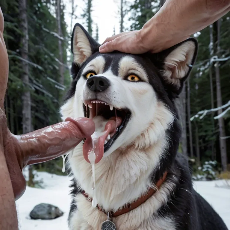 Feral siberian husky, canine pussy, female canine, canine mouth, cum, blowjob, human penis, penis in mouth, tongue out, wide mouth, snow forest, head pat,