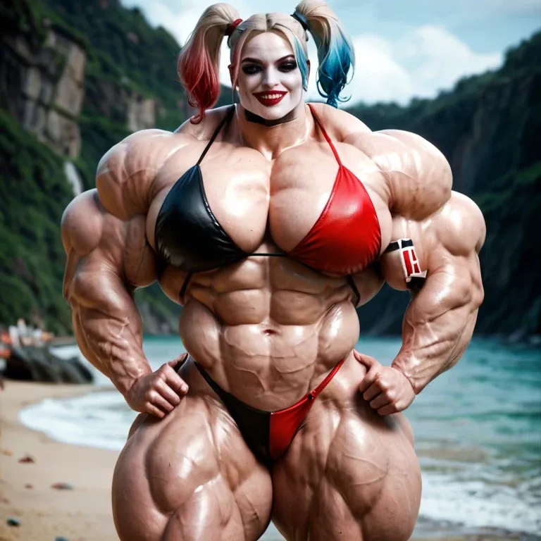 harley quinn, hyper massive muscles female, massive muscles buffet, hyper gigantic muscles, hyper gigant muscles, hyper giant muscles, hyper muscle tank, pectorales, pecs, bikini, beach big pussy clitoris bulge