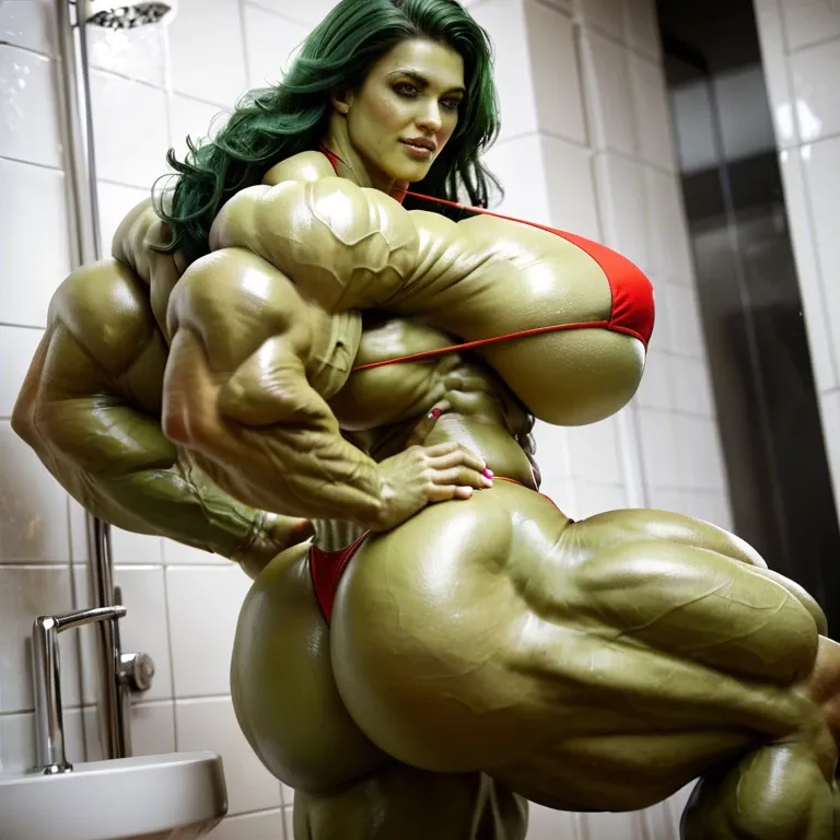 She Hulk, hyper massive muscles female, massive muscles buffet, hyper gigantic muscles, hyper gigant muscles, hyper giant muscles, hyper muscle tank, pectorales, pecs, bikini, bathroom big ass