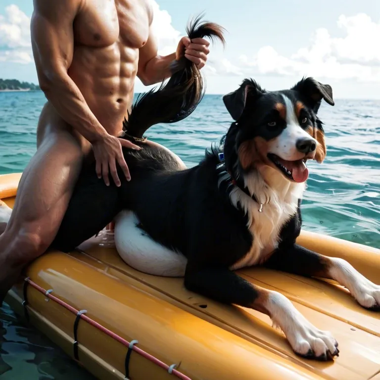 Feral border collie, female canine, canine pussy, vaginal penetration, cum drip, tail grab, human penis, wooden raft, ocean, thrusting, pregnant, laying on stomach, underwater,