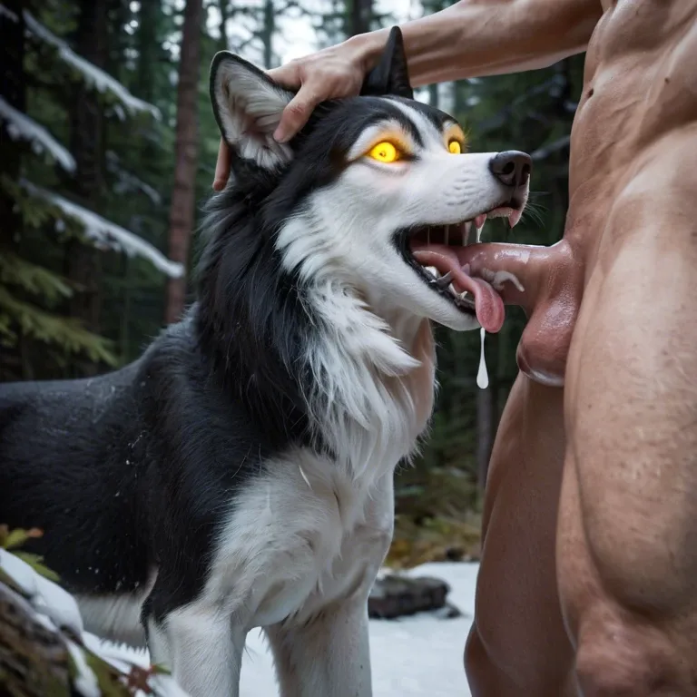 Feral siberian husky, canine pussy, female canine, canine mouth, cum, blowjob, human penis, penis in mouth, tongue out, snow forest, head pat, glowing eyes, stomach bulge,