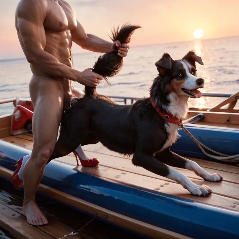 Feral border collie, female canine, canine pussy, vaginal penetration, cum drip, tail grab, human penis, red high heels, wooden raft, ocean, sunset, legwear, thrusting,