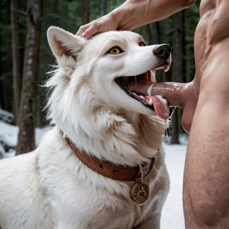 Feral siberian husky, canine pussy, female canine, canine mouth, cum, blowjob, human penis, penis in mouth, tongue out, wide mouth, snow forest, head pat, smile,