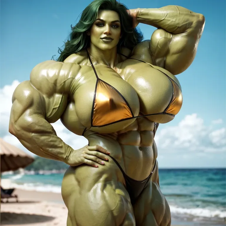 She Hulk, hyper massive muscles female, massive muscles buffet, hyper gigantic muscles, hyper gigant muscles, hyper giant muscles, hyper muscle tank, pectorales, pecs, bikini, beach big booty