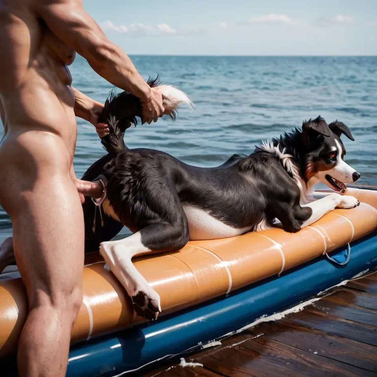 Feral border collie, female canine, canine pussy, vaginal penetration, cum drip, tail grab, human penis, wooden raft, ocean, thrusting, pregnant, laying on stomach, xray,